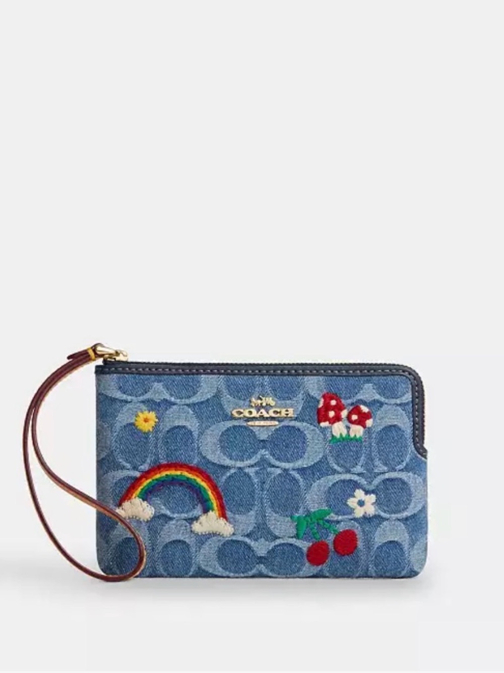 Corner Zip Wristlet In Signature Denim with embroidery